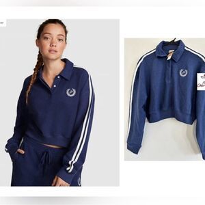 PINK REVERSE FLEECE CROPPED POLO SWEATSHIRT Medium